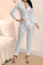 White Sexy Fashion zipper Sequin Chlorine Long Sleeve O Neck  Jumpsuits