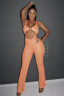 Orange Casual Fashion Asymmetrical Backless Geometric Hollow Polyester Sleeveless Slip  Jumpsuits