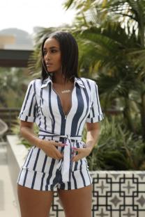 White Fashion Sexy Striped Print Patchwork Polyester Short Sleeve V Neck  Rompers