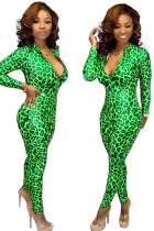 Green Sexy Print Polyester Long Sleeve O Neck  Jumpsuits