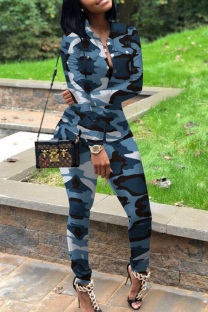 Blue adult Street Fashion Camouflage Print Two Piece Suits Patchwork pencil Long Sleeve Two-pi