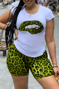 Fluorescent green adult Street Fashion Two Piece Suits Print Lips Print Leopard Straight Short Sleeve