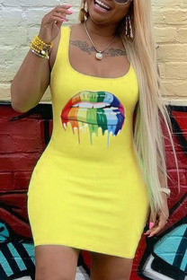 Yellow Sexy Fashion Spaghetti Strap Sleeveless Slip Hip skirt Mini Fluorescent Print Solid Casua