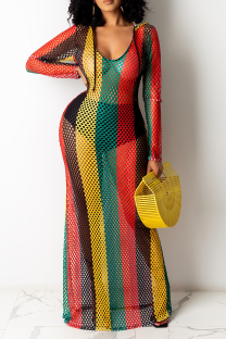 Multi-color Sexy Striped Mesh Hooded Collar Mesh Dress Dresses