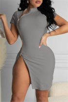Grey Sexy Casual Solid Slit Zipper Half A Turtleneck Short Sleeve Dress