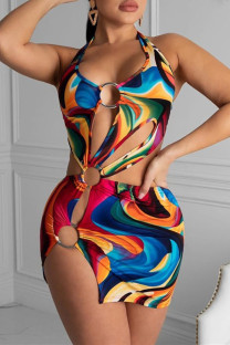 Multi-color Fashion Sexy Print Hollowed Out Backless Swimwears
