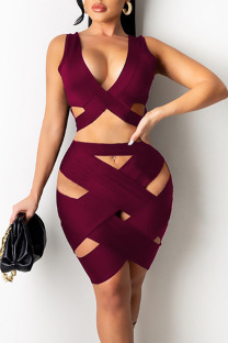 Burgundy Sexy Solid Hollowed Out Cross Straps Asymmetrical V Neck Sleeveless Two Pieces