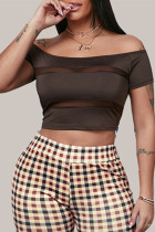 Deep Coffee Sexy Casual Solid Split Joint See-through Off the Shoulder T-Shirts