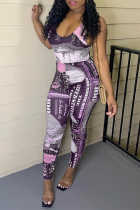 Purple Sexy Print Split Joint V Neck Skinny Jumpsuits
