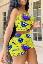 Yellow Sexy Casual Print Backless Strapless Sleeveless Two Pieces