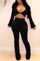 Black Sexy Casual Solid Fold Turndown Collar Long Sleeve Two Pieces