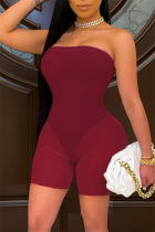 Burgundy Sexy Solid Split Joint See-through Strapless Skinny Romper