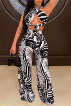 Black And White Fashion Sexy Print Backless Strap Design Strapless Sleeveless Two Pieces