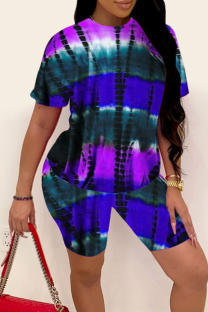Purple Casual Print Split Joint O Neck Short Sleeve Two Pieces