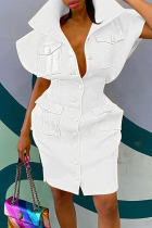 White Fashion Casual Solid Basic Mandarin Collar Short Sleeve Dress