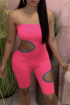 Pink Sexy Solid Ripped Split Joint Strapless Skinny Jumpsuits