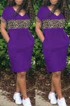 Purple Fashion Casual Print Leopard Patchwork V Neck Short Sleeve Dress