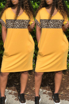 Yellow Fashion Casual Print Leopard Patchwork V Neck Short Sleeve Dress