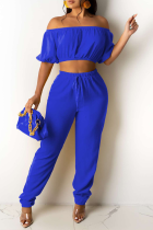 Blue Casual Solid Split Joint Off the Shoulder Short Sleeve Two Pieces