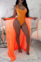 Tangerine Red Fashion Sexy Solid See-through Backless Swimwears