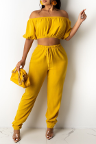 Yellow Casual Solid Split Joint Off the Shoulder Short Sleeve Two Pieces