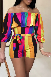 Rainbow Color Fashion Sexy Print Patchwork stringy selvedge Half Sleeve one word collar Jumpsuits