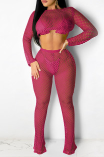 Rose Red Sexy Solid Hollowed Out See-through O Neck Long Sleeve Two Pieces