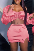 Pink Fashion Sexy Solid Backless Off the Shoulder Long Sleeve Two Pieces