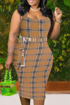 Brown Sexy Plaid Split Joint O Neck Pencil Skirt Plus Size Dresses
