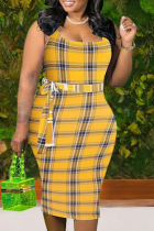 Yellow Sexy Plaid Split Joint O Neck Pencil Skirt Plus Size Dresses