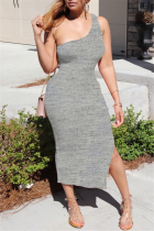 Grey Sexy Casual Solid Backless Slit One Shoulder Sleeveless Dress