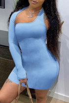 Light Blue Fashion Sexy Solid Hollowed Out Backless Oblique Collar Long Sleeve Dresses