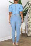 Light Blue Fashion Casual Solid Bandage Hollowed Out Plus Size Jeans