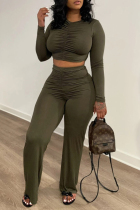 Army Green Fashion Casual Solid Fold O Neck Long Sleeve Two Pieces