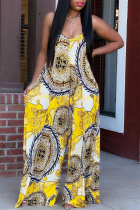 Yellow Sexy Casual Print Backless Spaghetti Strap Loose Jumpsuits