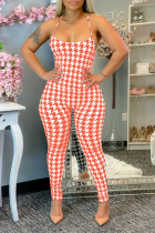 Red Sexy Plaid Patchwork Spaghetti Strap Skinny Jumpsuits