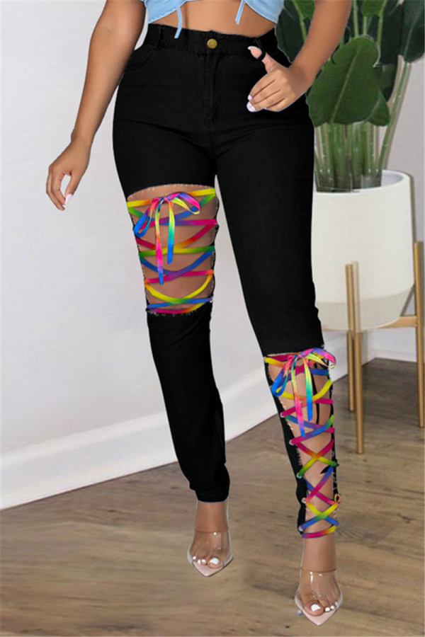 Black Fashion Casual Solid Bandage Hollowed Out Plus Size Jeans