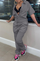 Grey Fashion Casual Solid Basic Turndown Collar Regular Jumpsuits