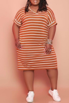 Brown Fashion Casual Plus Size Striped Print Basic V Neck Short Sleeve Dress