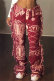 Pink Fashion Casual Print Tassel Regular Mid Waist Trousers