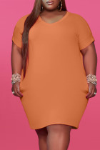 Orange Fashion Casual Plus Size Solid Basic V Neck Short Sleeve Dress