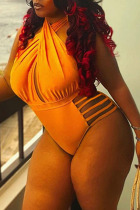 Yellow Sexy Solid Hollowed Out Split Joint Halter Plus Size Swimwear