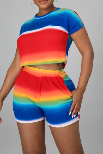 Rainbow Color Casual Striped Split Joint O Neck Short Sleeve Two Pieces