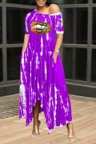 Purple Casual Print Split Joint One Shoulder Irregular Dress Dresses