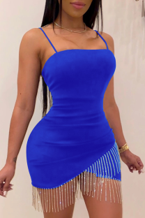 Color Blue Sexy Solid Tassel Spaghetti Strap Irregular Dress Dresses
