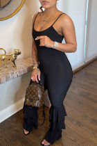 Black Sexy Solid Flounce Spaghetti Strap Boot Cut Jumpsuits