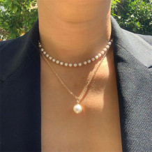 Gold Fashion Double Layer Necklace With Pearl Pendant And Pearl Chain