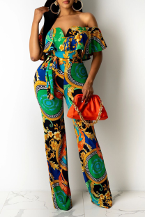 Multicolor Sexy Print Split Joint Off the Shoulder Straight Jumpsuits