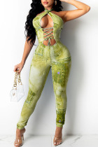 Green Yellow Sexy Print Hollowed Out Split Joint Frenulum Halter Skinny Jumpsuits