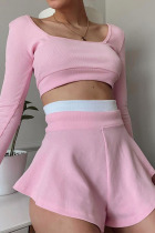 Pink Casual Solid Split Joint Boat Neck Long Sleeve Two Pieces